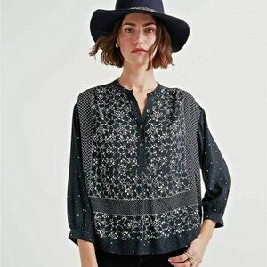 Lucky Brand Mixed Floral Print Eyelet Henley Blouse Black Cream M